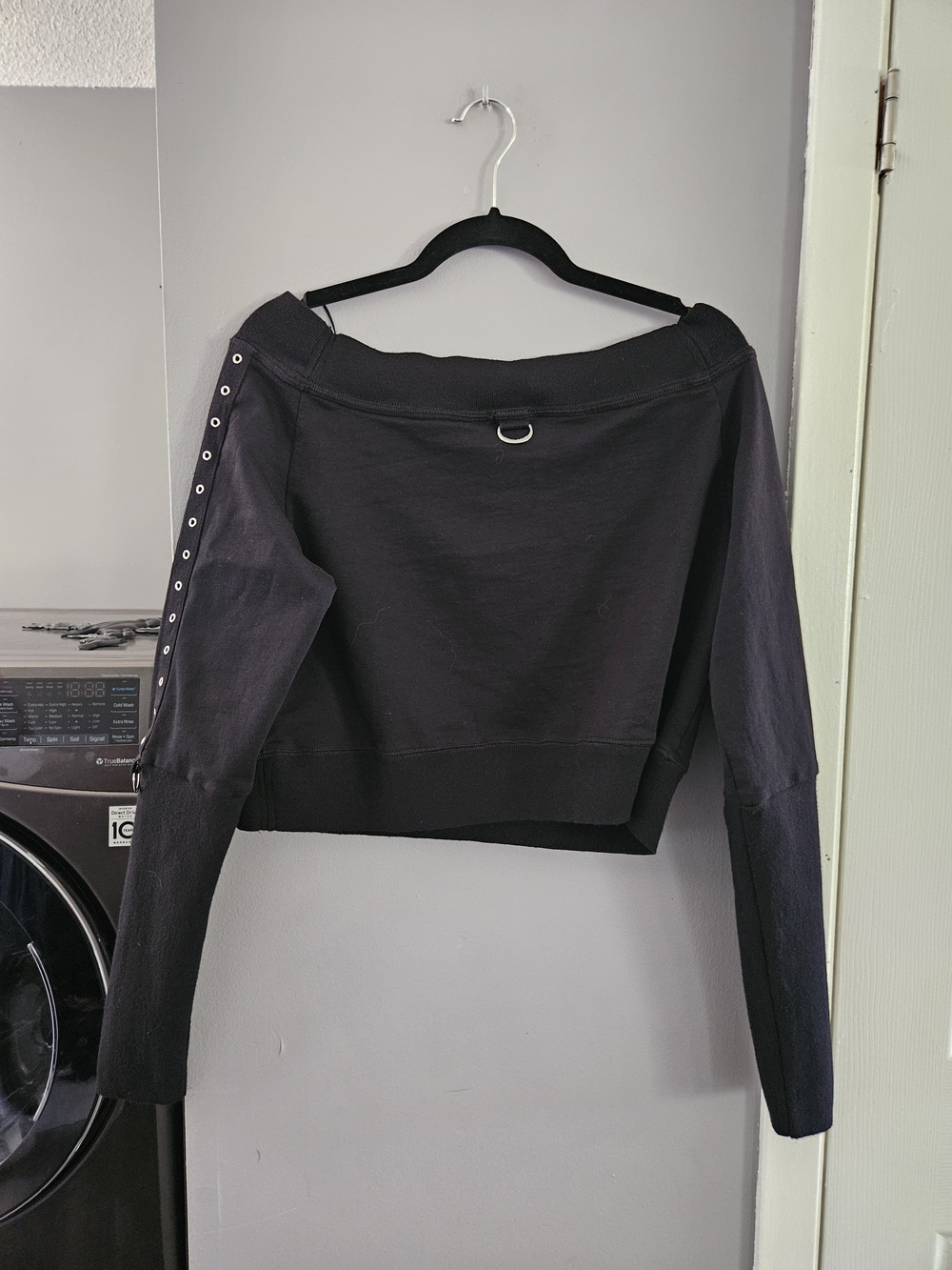Killstar Black Off-the-Shoulder Crop Sweater With Grommet Sleeve Details - Picture 3 of 4